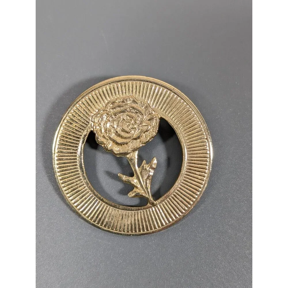 Vintage Gold‎ Tone Ribbed Rose Flower Round Wreath Pin Brooch Retro